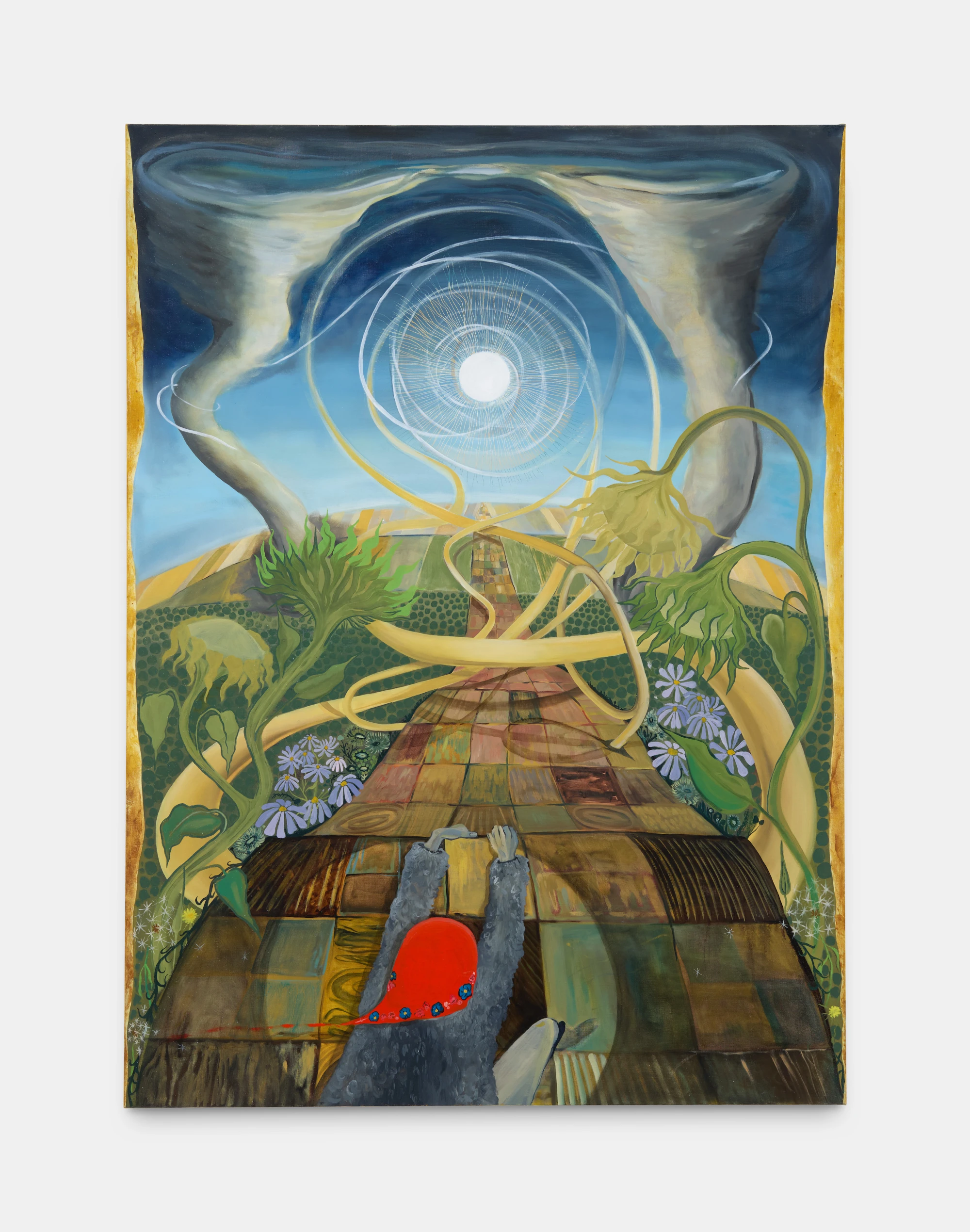 A large oil painting of a long road on a field. In the distance, two tornadoes kiss above a sun that has ribbon-like rays spewing from it. At the bottom of the painting, a spy-girl figure appears in a spotlight, hanging off of the edge of the long road.