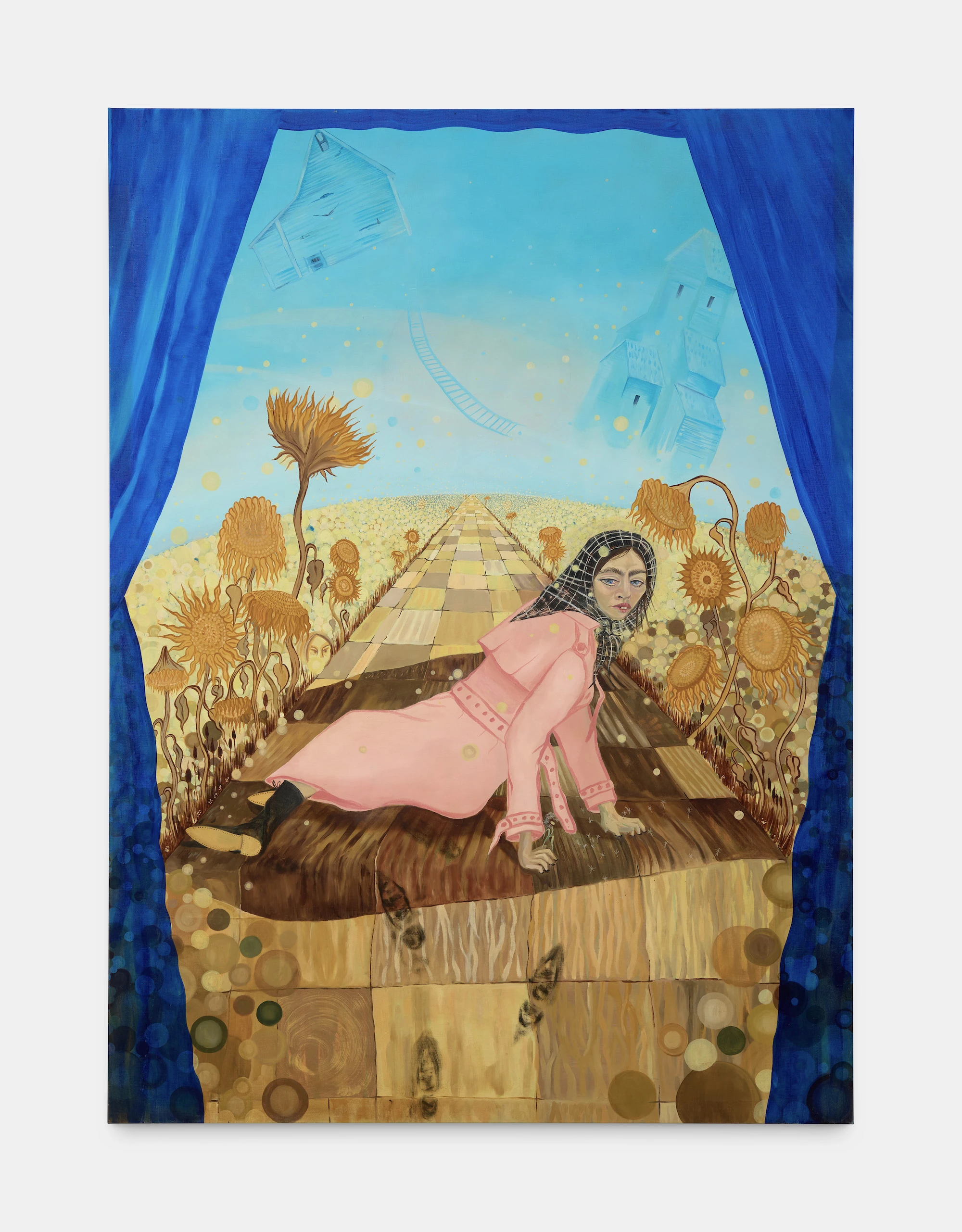 A large oil painting showing a figure wearing a pink trenchcoat sitting on a field. Footprints convey that she has climbed up to this spot, as she looks back at the viewer. In her hand is a dried dandelion, or a wish flower. Surrounding her are wilting sunflowers. In the background, a grain elevator, farmhouse, and a ladder slowly rise up into the sky.