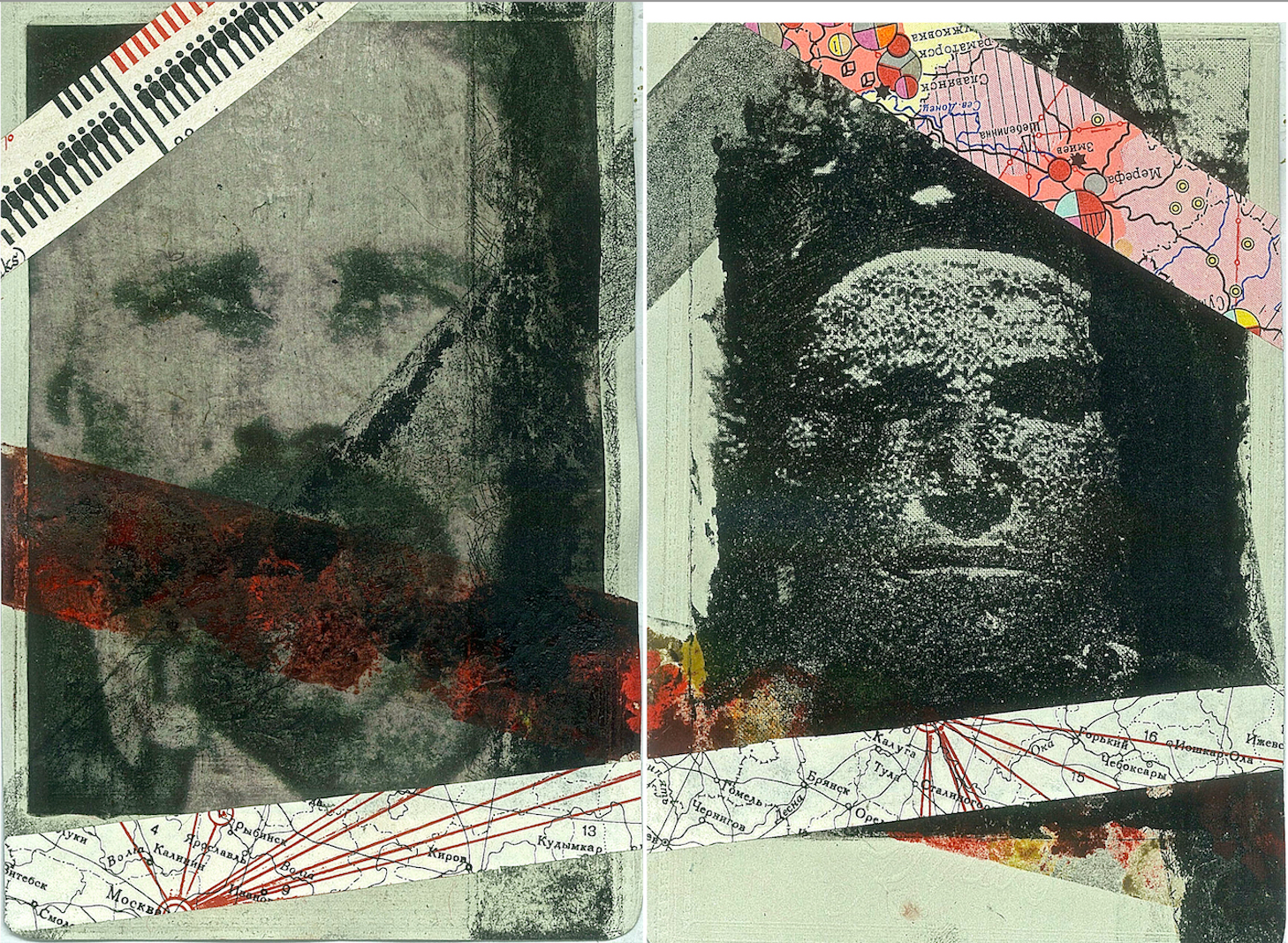 Two archival potographic portraits of a man and woman. On top of the images are fragments of maps and coloured fingerprints.