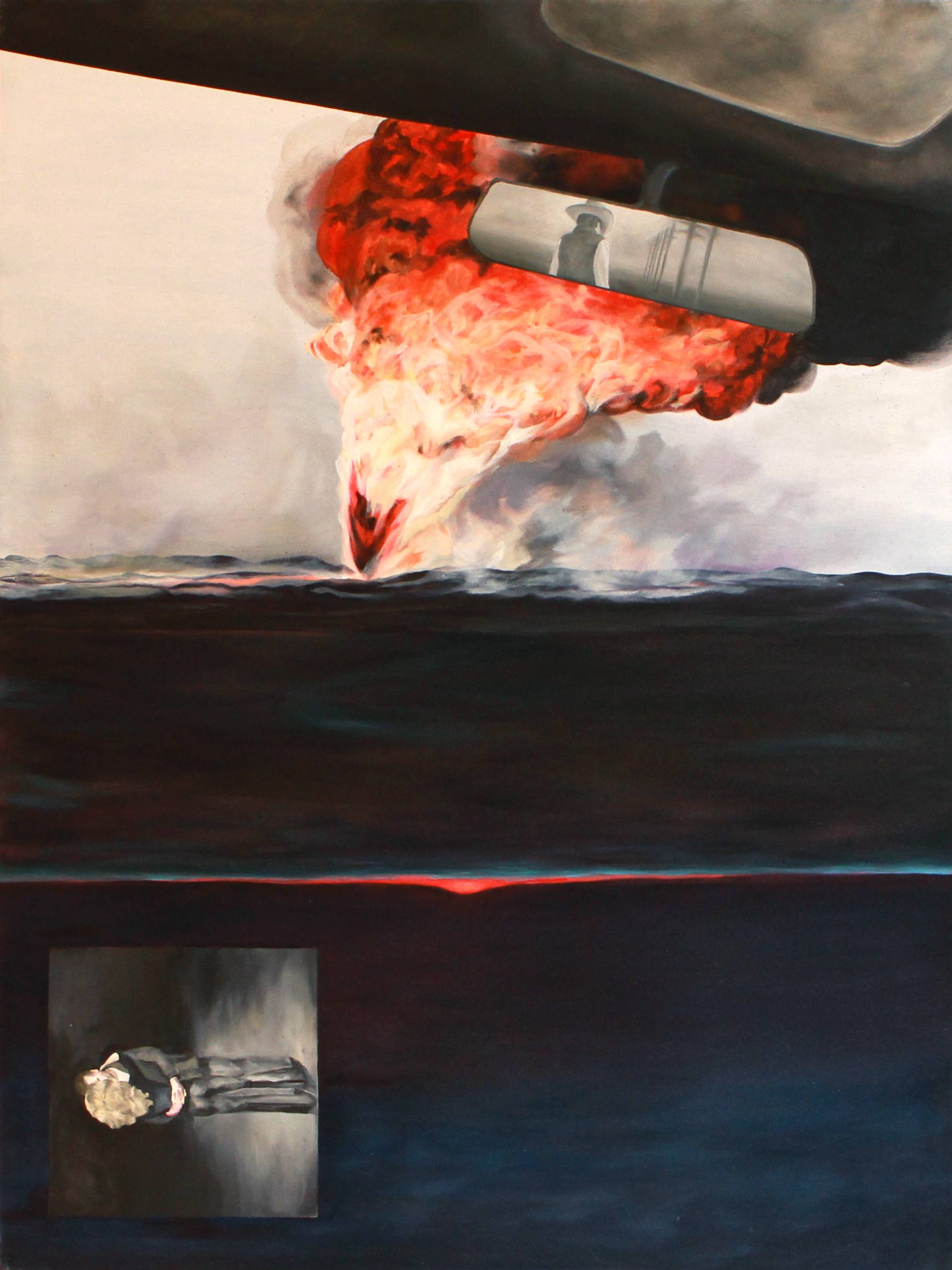 A collaged oil painting, the images are oriented in varying directions. It depicts a set of hands clasping red spotted flowers, a single lit white candle, a woman looking out onto a highway through veiled transparent curatins and a young girl at the table while her mother works in the kitcen behind her.