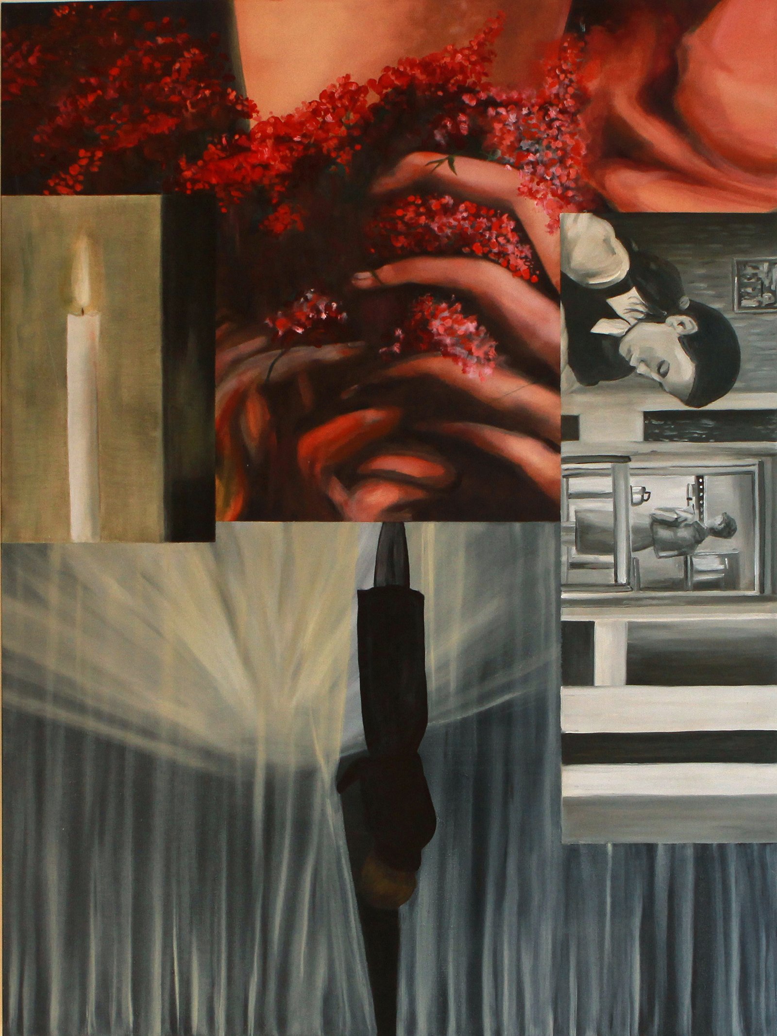 A collaged oil painting, the images are oriented in varying directions. It depicts a set of hands clasping red spotted flowers, a single lit white candle, a woman looking out onto a highway through veiled transparent curatins and a young girl at the table while her mother works in the kitcen behind her.